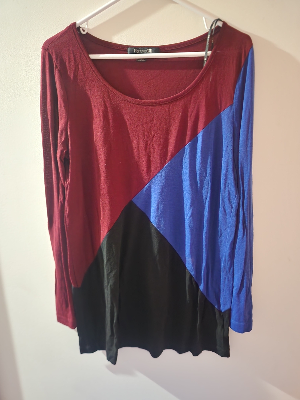 Forever 21 Colorblock Long Sleeve Scoop Neck Top - Burgundy/Blue/Black